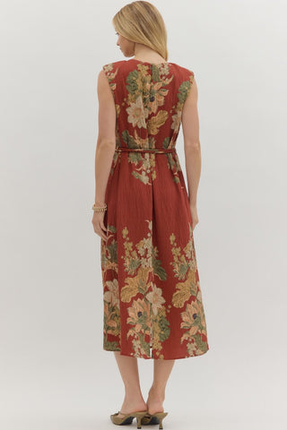 Floral Print Sleeveless Midi Dress - Rust