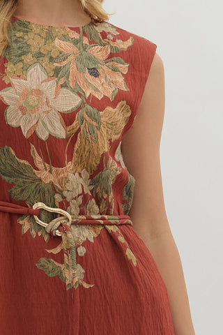 Floral Print Sleeveless Midi Dress - Rust
