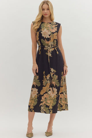 Floral Print Sleeveless Midi Dress - Black