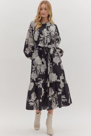 Long Sleeve Black & White Floral Dress with Buttons