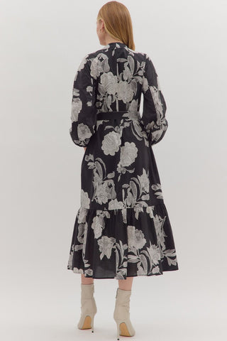 Long Sleeve Black & White Floral Dress with Buttons