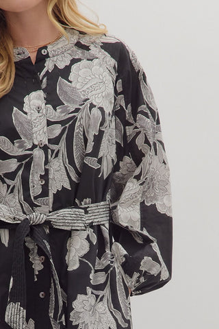 Long Sleeve Black & White Floral Dress with Buttons