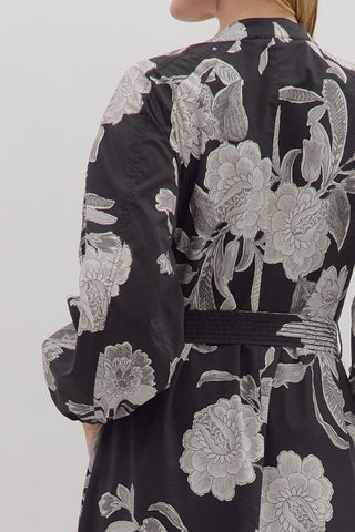 Long Sleeve Black & White Floral Dress with Buttons