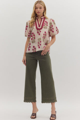 Floral V Neck with Bubble Sleeves - Ecru