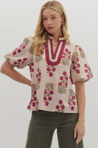 Floral V Neck with Bubble Sleeves - Ecru