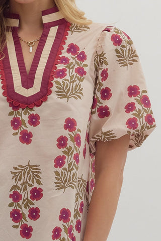 Floral V Neck with Bubble Sleeves - Ecru