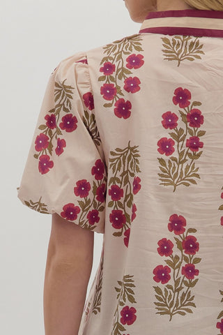 Floral V Neck with Bubble Sleeves - Ecru