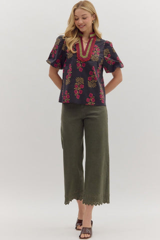 Floral V Neck with Bubble Sleeves - Black