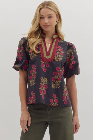 Floral V Neck with Bubble Sleeves - Black