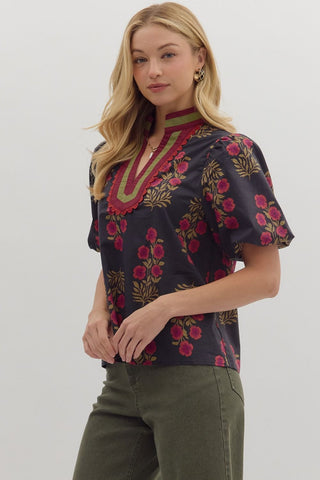 Floral V Neck with Bubble Sleeves - Black
