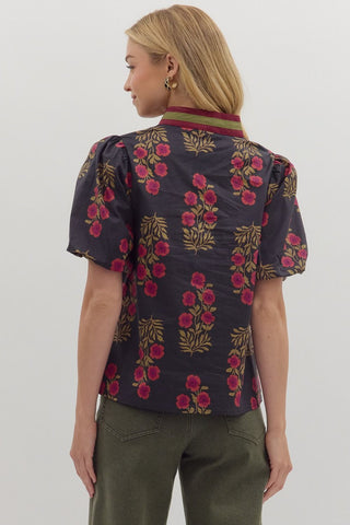 Floral V Neck with Bubble Sleeves - Black