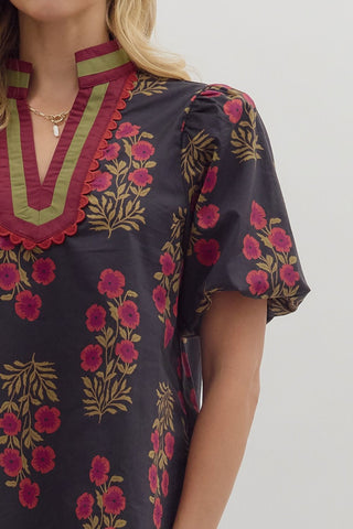 Floral V Neck with Bubble Sleeves - Black