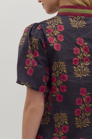 Floral V Neck with Bubble Sleeves - Black