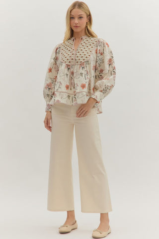 Botanical Print Long Sleeve Top - Ecru