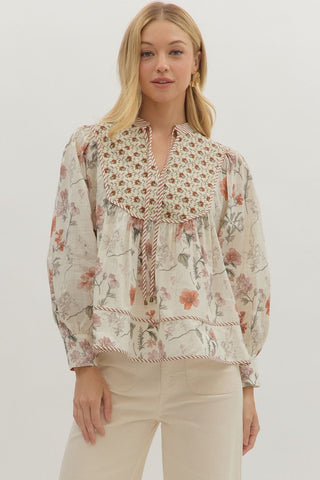 Botanical Print Long Sleeve Top - Ecru