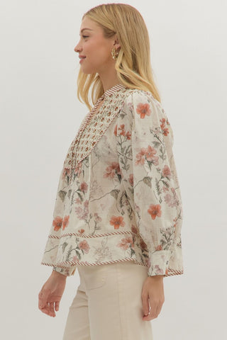 Botanical Print Long Sleeve Top - Ecru