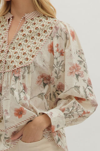 Botanical Print Long Sleeve Top - Ecru