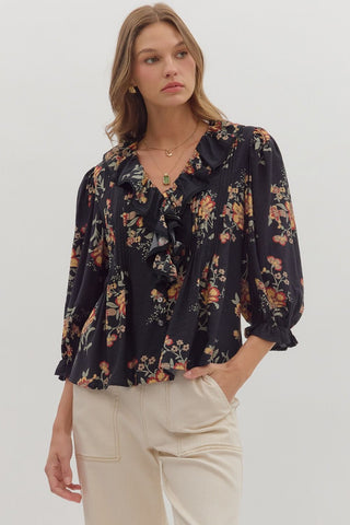 Pleated Bodice Floral Print Top - Black