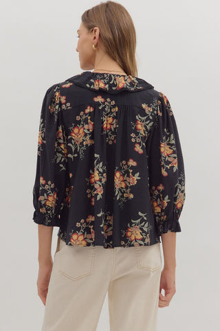 Pleated Bodice Floral Print Top - Black