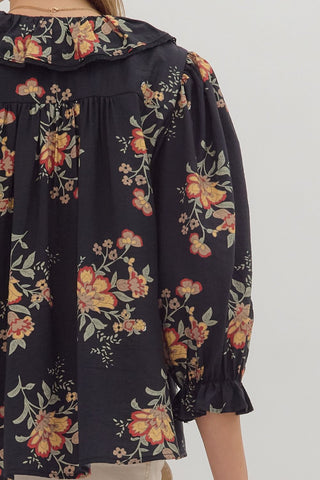 Pleated Bodice Floral Print Top - Black