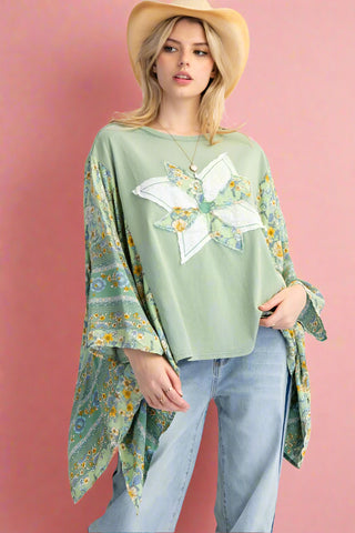 PRINT MIX PONCHO- SAGE GREEN