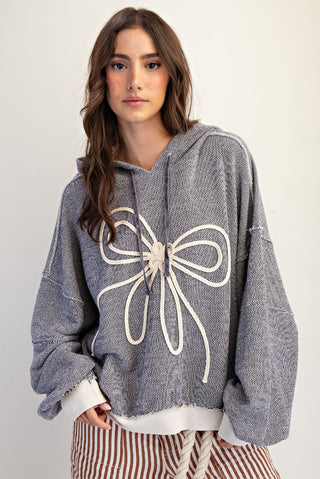 Bow Embroidery Pullover Hoodie - Black
