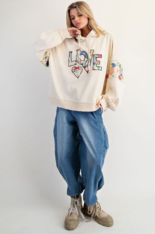 Love Patch Washed Terry Hoodie - Oatmeal