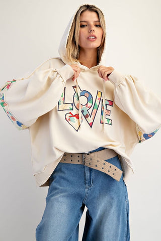 Love Patch Washed Terry Hoodie - Oatmeal