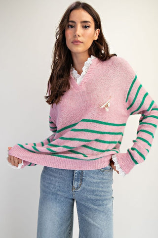 Stripe Pattern Sweater - Cotton Pink