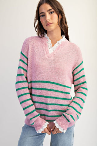Stripe Pattern Sweater - Cotton Pink