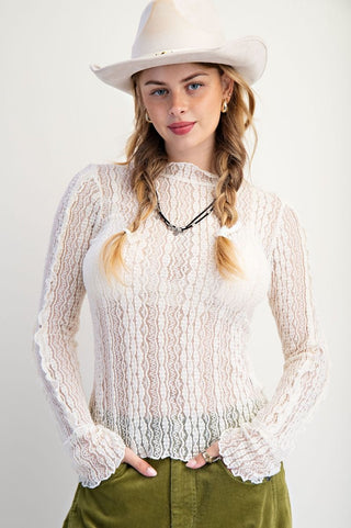 Long Sleeve Lace Fitted Top - Ivory