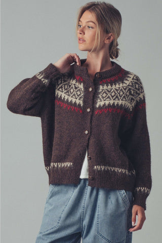Fair Isle Nordic Toggle Knit Cardigan - Brown