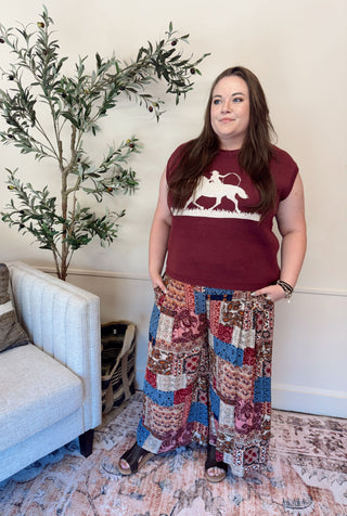 Boho Patchwork Wide Leg Pants - Black Mix